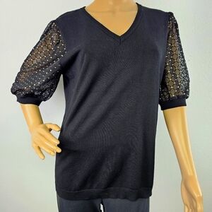 Adrianna Papell Black Sweater Sheer Sparkle Sleeves Sz L Romantic Whimsigoth